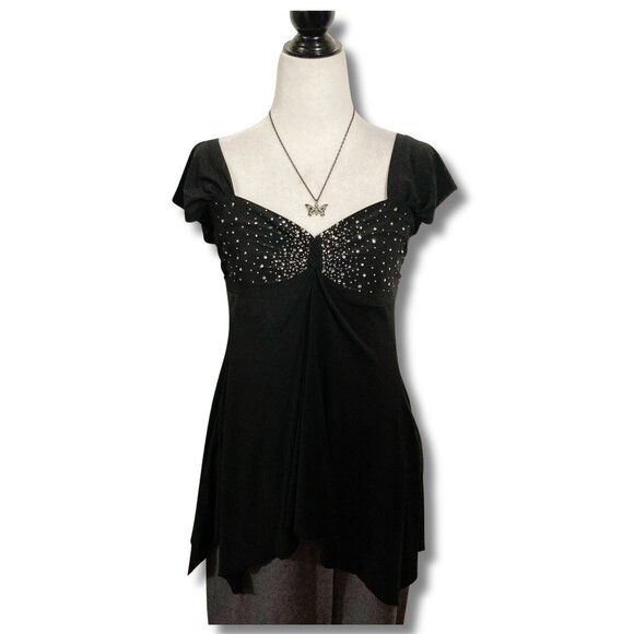HALEY KELLY FASHION Black waterfall hem top w/ clear rhinestones ~ MEDIUM LARGE - Picture 3 of 14